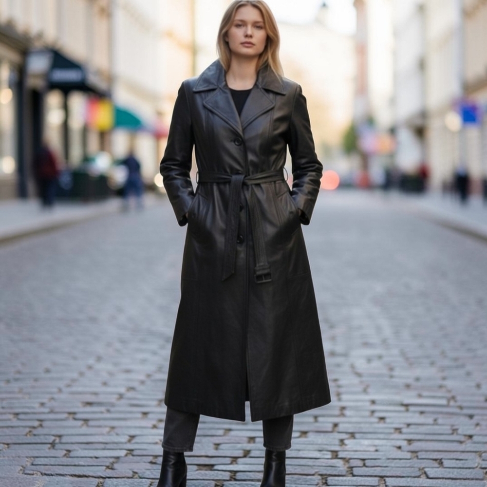 Vintage 90s Black Leather Trench Coat Made in Canada Belted Long Jacket Minimali
